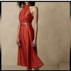 Banana Republic Factory Halter Midi Dress Ruffle Neck in scorched orange